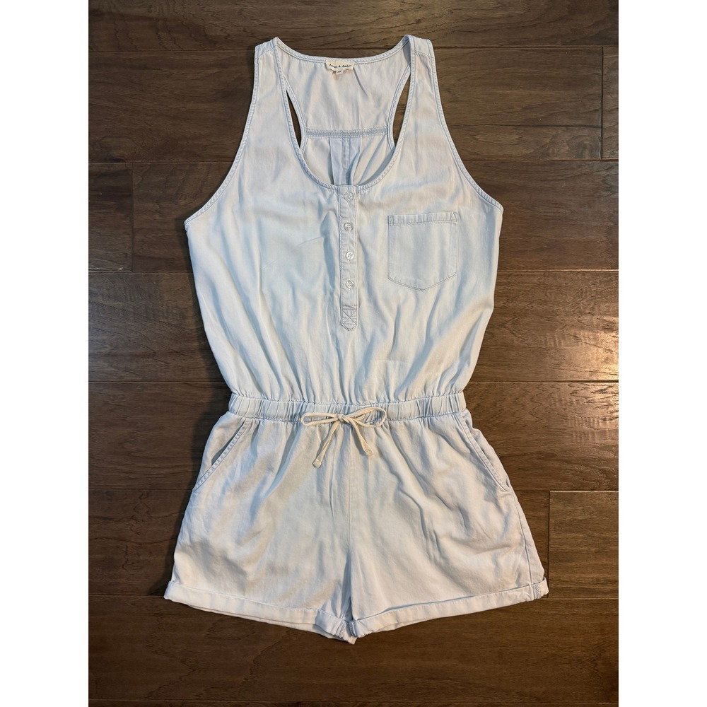 Aaron & Amber‎ Light Wash Chambray Romper Womens Medium Blue Henley Racerback